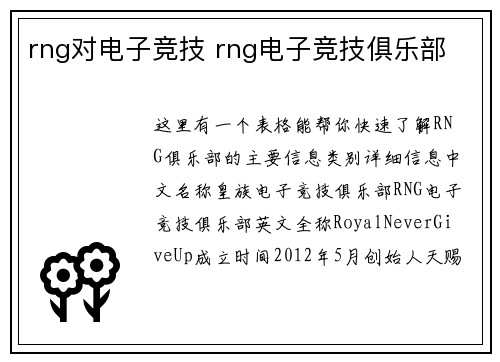 rng对电子竞技 rng电子竞技俱乐部
